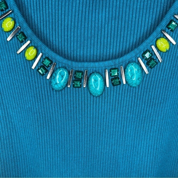 MEDIUM RUBY RD TEAL BLUE BEADED RIBBED KNIT TANK SLEEVELESS STRETCH - Picture 3 of 9